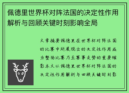 佩德里世界杯对阵法国的决定性作用解析与回顾关键时刻影响全局
